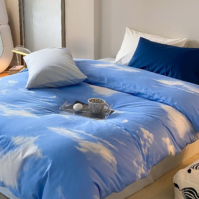 KAREVER Blue Cloud Comforter Set King Size Sky Blue Bedding Women 3 Pieces Soft Light Blue King Bed Blanket Set for All Season as Gift
