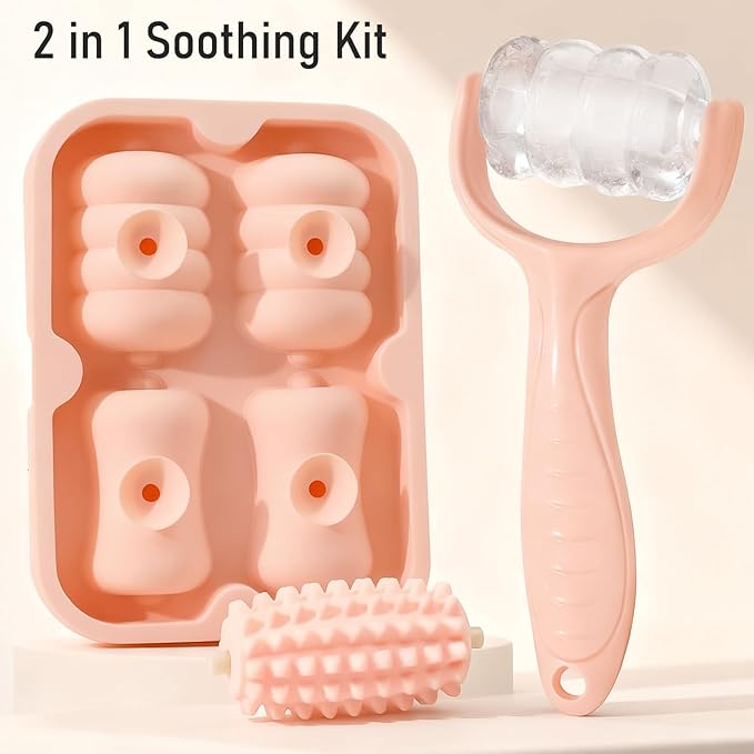 Ice Roller for Face Women Replaceble Rollers + Reusable 2 in 1 Silicone Facial Eyes Ice Cube Mold Set, Body Message Stick Holder for Reduce Puffiness Relief Shrink Pores Anti Wrinkle Skin Care, Pink