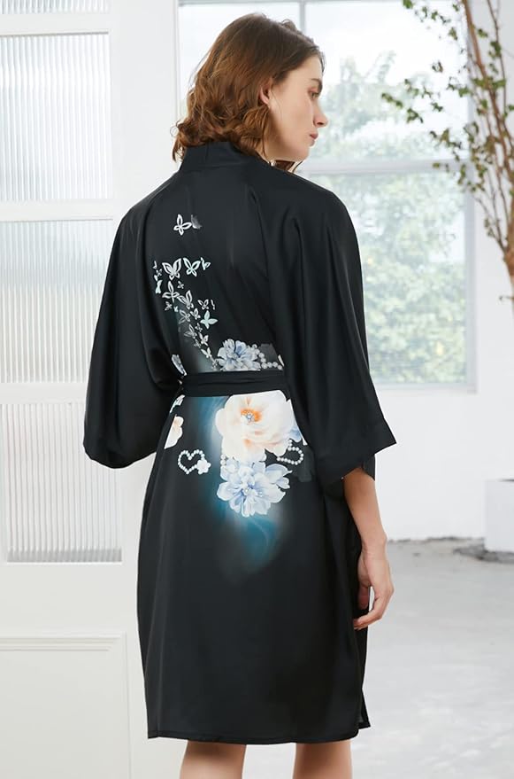 Ledamon Women's Kimono Short Robe - Classic Floral Bathrobe Nightgown