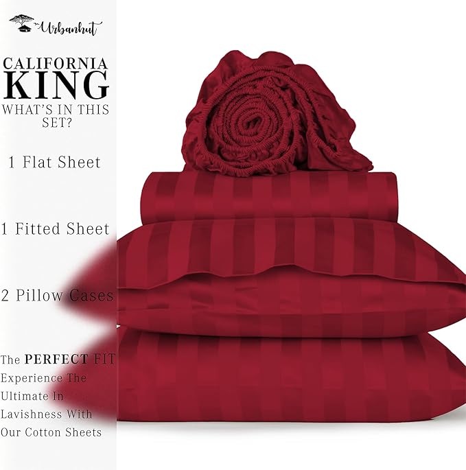 URBANHUT 1000 Thread Count Damask California King Bed Sheets Egyptian Cotton Sheet Set, Long Staple Soft & Breathable, 4 Pc Bed Sheet Sets, Luxury Hotel Sateen Sheets Fits 16" Deep Pocket - Burgundy