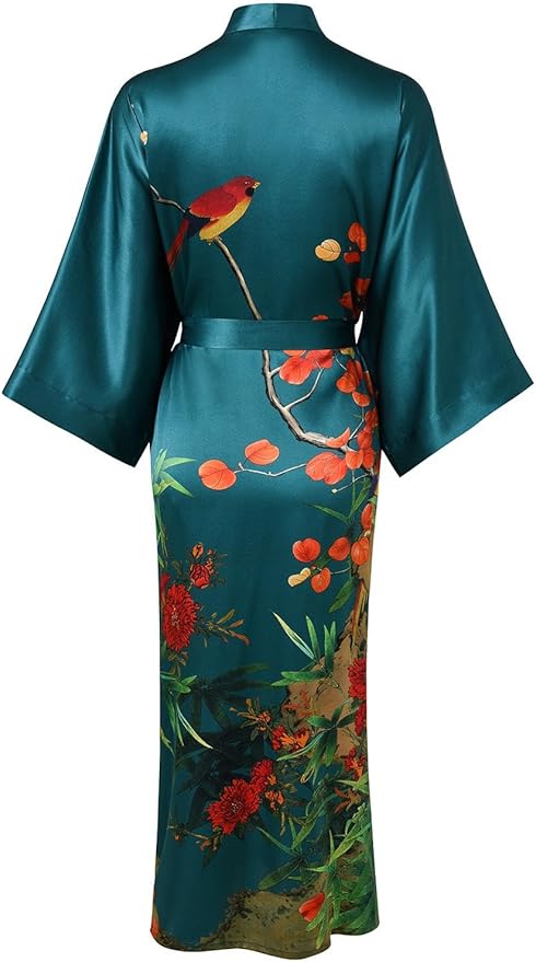 Women's Silk Kimono Robe Long Bathrobe Nightgown 100% Mulberry Silk for Women - Classic Floral Pattern