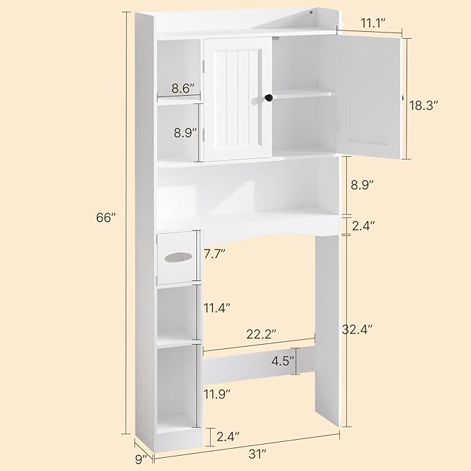 Gizoon Over The Toilet Storage Cabinet, 66''H Over Toilet Bathroom Organizer, Over Toilet Storage Cabinet with 2 Doors, Paper Holder and Racks, Adjustable Shelf, for Bathroom, Laundry, White