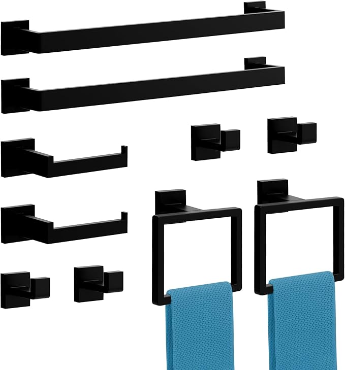 10-Pieces Matte Black Bathroom Accessories Set, 16 Inch Bath Towel Bar Set, SUS 304 Stainless Steel Bathroom Hardware Set, Towel Racks for Bathroom Wall Mounted