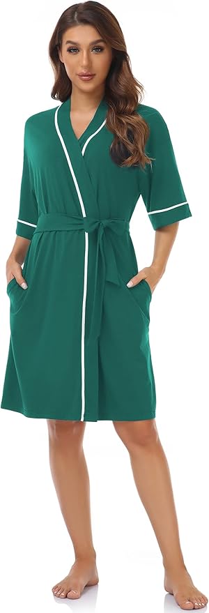 COLORFULLEAF Womens Bamboo Short Robes Lightweight Kimono Cotton Robe Soft Knit Bathrobe Ladies Loungewear with Pockets