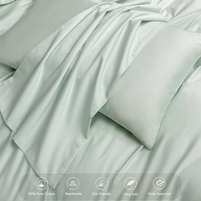 MooMee Duvet Cover Set 100% Extra Long Staple Cotton 600 Thread Count Silky Sateen Smooth Luxury Soft Breathable Durable Hotel Quality Bedding, 3 Pieces (Sage Green, King 104"x90")