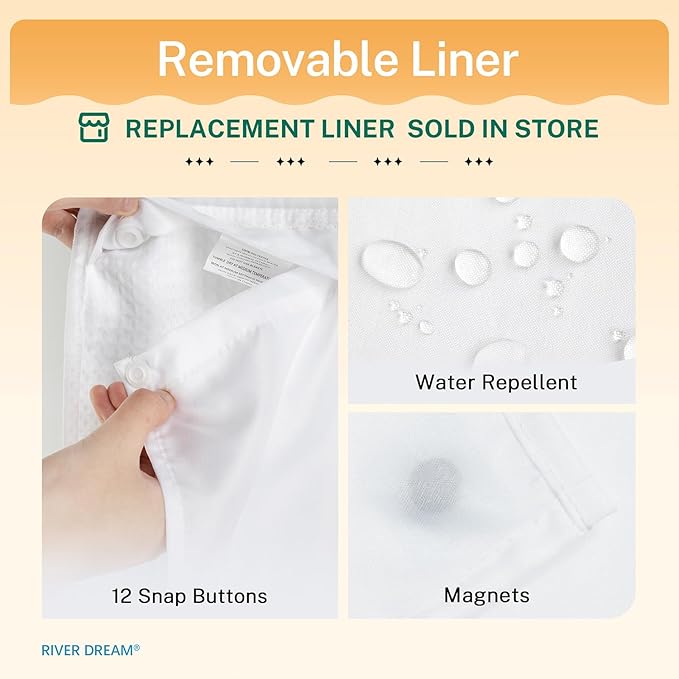 River Dream Heavyweight No Hooks Required Dotted Waffle Weave Shower Curtain with Snap in Liner - 71W x 77H,Hotel Grade,Spa Like Bath Curtain,White