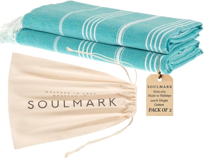 SOULMARK 100% Cotton Turkish Beach Towel with Bag - 38"x71" - 2 Pack - Made in Green & Oeko TEX Certified - Pre-Washed & Sand Free - Quick Dry and Lightweight for Travel - Made in Turkey - Mint Green