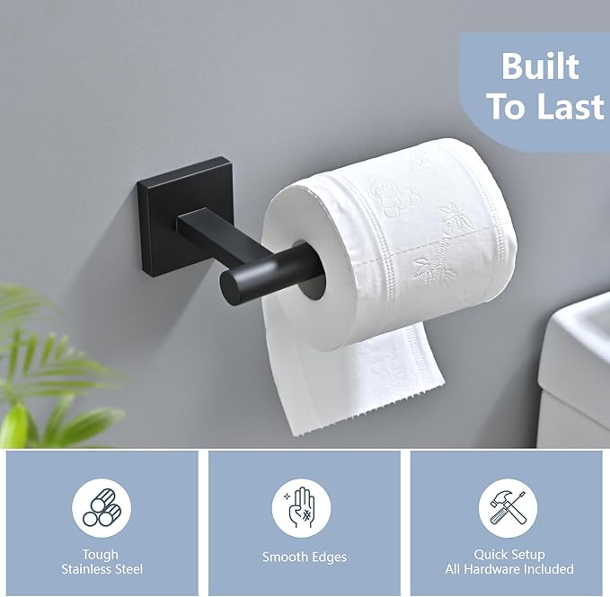 Matte Bathroom Hardware Set, Toilet Paper Holder with 2 Square Towel Hooks, 3PCS SUS 304 Stainless Steel Set, Wall Mounted, Rust Resistant, Modern Fingerprint-Free Finish (Black)