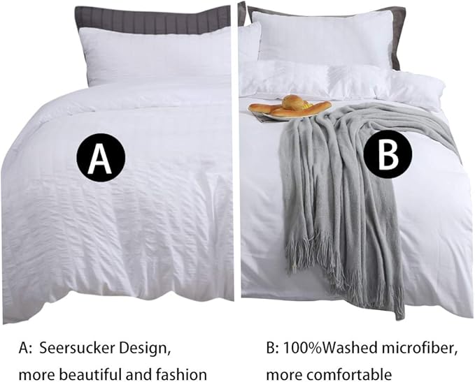 AveLom Seersucker Stripe Duvet Cover Full (80 x 90 Inches), 3 Pieces (1 Duvet Cover + 2 Pillow Cases) White Zipper Closure Corner Ties Soft Washed Microfiber Duvet Cover for Men,Women