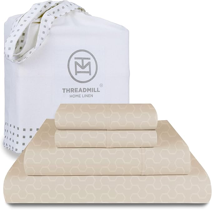 Threadmill 100% Cotton Sheets for King Size Bed | Damask Sateen All-Season 500Thread Count 4 Pc King Bed Sheets Set | Soft, Breathable Hotel Quality | Snug Fit Elastic Deep Pocket King Sheets | Beige