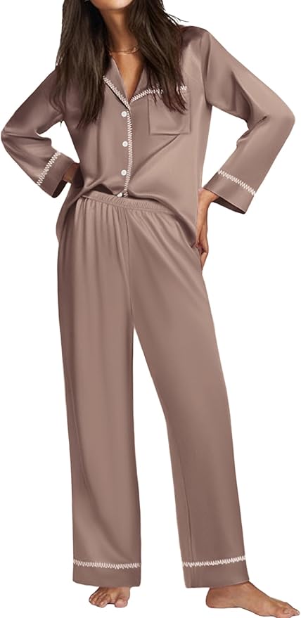 Ekouaer Satin Pajama Set for Women Silky Sleepwear Long Sleeve Top and Pants Button Down Pjs Lounge Set