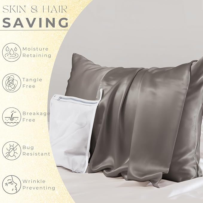 PROMEED Grey Silk Pillowcase Queen Size - Both Sides 23 Momme Grade 6A+Mulberry Silk Pillow Case Covers for Hair and Skin, Soft and Acne Free (Queen 20"x30", Grey)