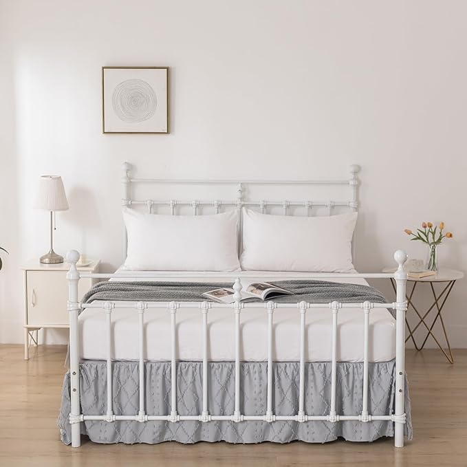 Bed Skirt Queen Size Ruffled Bed Skirt with Split Corners, 14 Inch Drop Dust Ruffle Bed Skirts with Platform, Boho Tufted Shabby Chic Full Size Bed Skirts, Light Grey