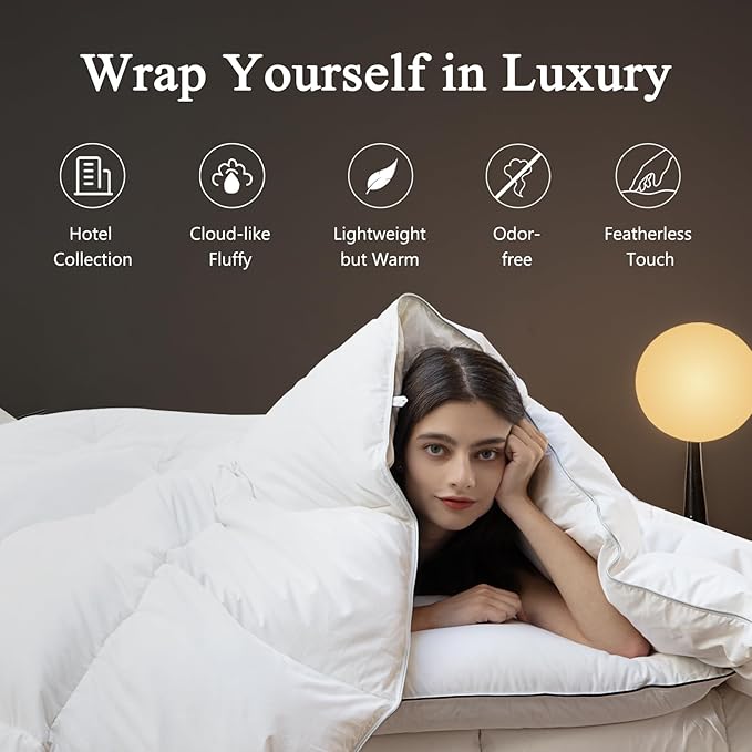 DWR Superior Luxury Feather Down Comforter California King Size, Ultra-Soft Rose-Silk Cotton-Blend Fabric, High FP All Season Medium Warmth Bed Duvet Insert(104"x96", White)