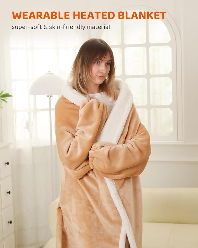 Electric Heated Blanket Throw Size with Foot Pockets & Sleeves, Soft Cozy Flannel Heating Blanket with 9 Heating Levels & 1-9 Hours Auto Off, Fast Heat & Overheat Protection, 50" x 70", Light Brown