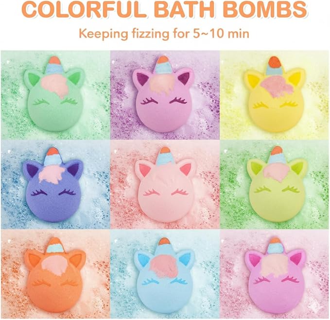 Unicorn Bath Bomb Gift Set 9 Packs for Girls and Boys, Handmade and Nature Bath Bombs with Surprise for Kids, Perfect for Bubble Bath, Christmas Birthday Gifts for Kids Toddler Women