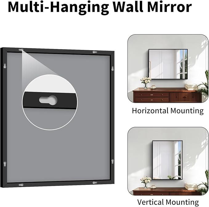 Koonmi Black Framed Bathroom Mirror - Shatterproof 30"x20" Tempered Glass, HD No Distortion, Horizontal/Vertical Mount, Modern Matte Aluminum Alloy Frame