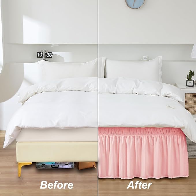 MEILA Wrap Around Bed Skirt Three Fabric Sides Elastic Dust Ruffled 18 Inch Tailored Drop,Easy to Install Fade Resistant-Pink, Twin/Full