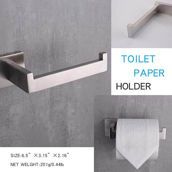 TASTOS 3-Piece Bathroom Hardware Set Brushed Nickel Wall Mounted Bathroom Accessory Set, Premium Stainless Steel Robe Hook Toilet Paper Holder 16-Inch Towel Bar (Silver)