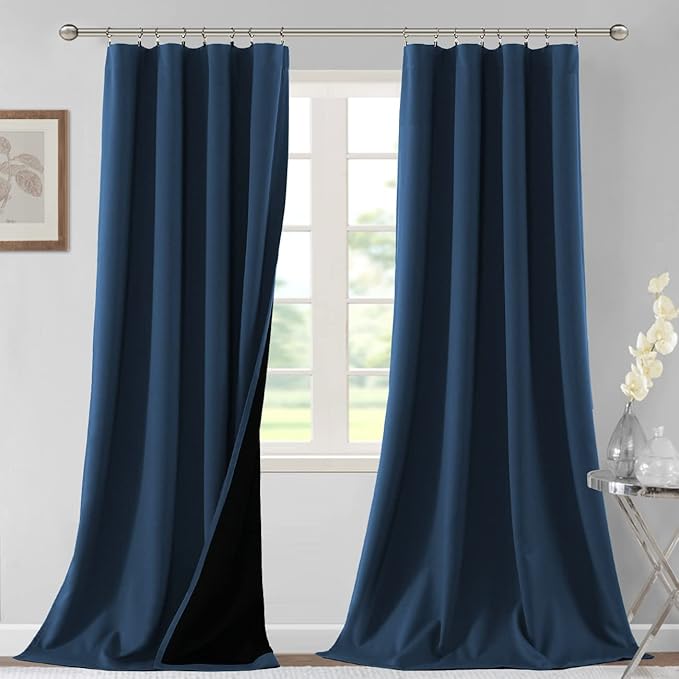 H.VERSAILTEX 100% Blackout Curtains for Bedroom Thermal Insulated Blackout Curtains 108 Inches Long Rod Pocket/Clip Rings Curtains for Living Room with Black Liner 2 Panels, Navy
