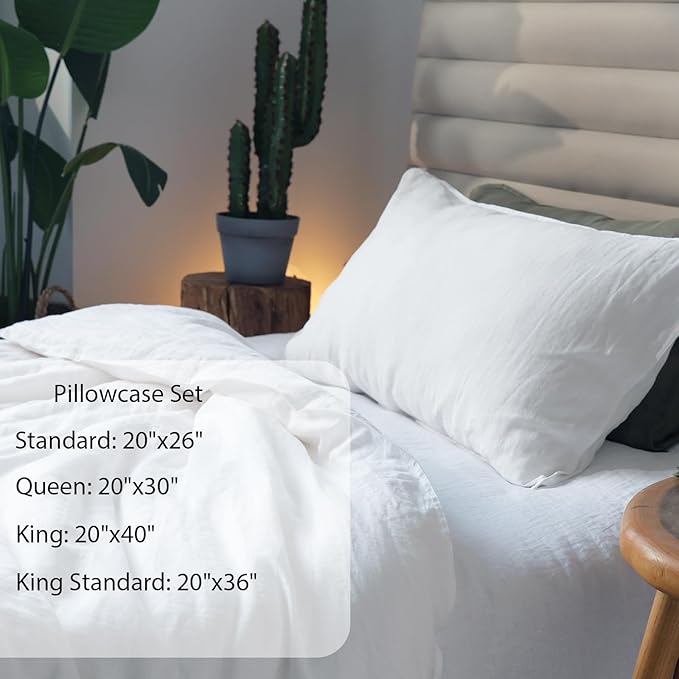 XZ XIFA Linen Pillowcases Queen - Pack of 2-100% Natural Washed French Flax, Breathable, Durable, Textured Envelope Pillowcases - White, 20'' x 30''