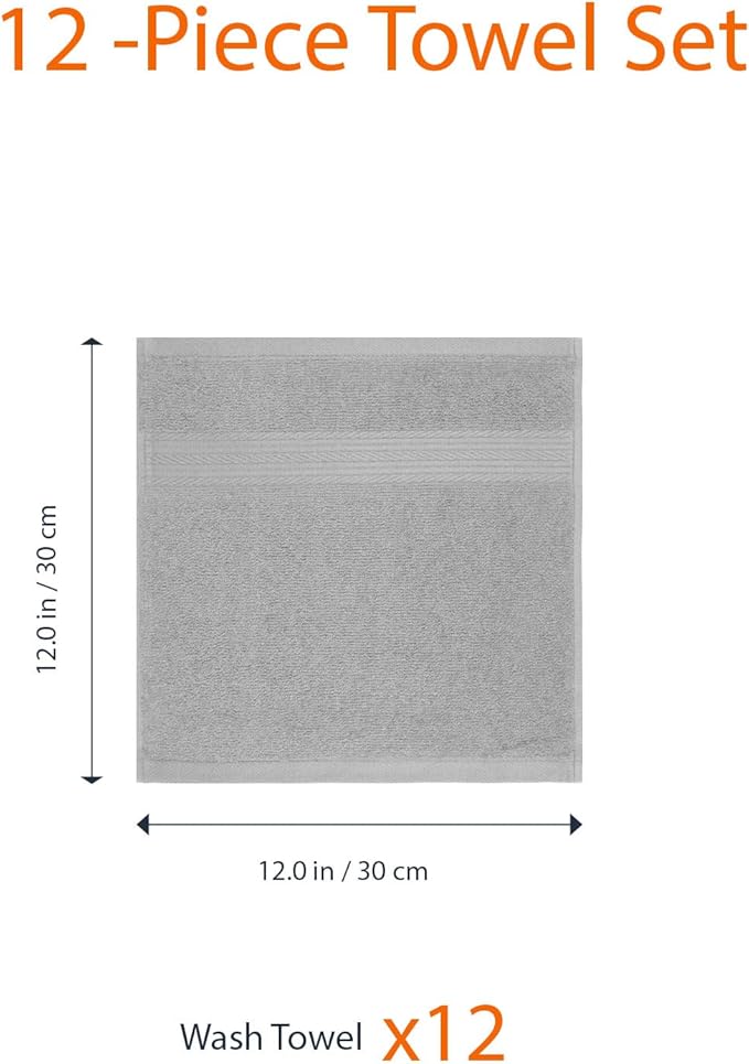 Amazon Basics Cotton Washcloths for Bathroom, Soft and Highly Absorbent, 12 in x 12 in, Gray, 12-Pack