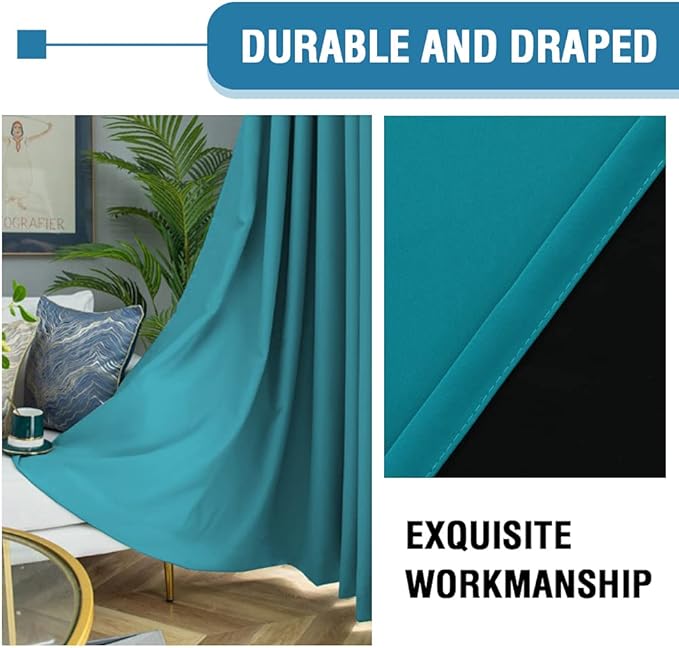 H.VERSAILTEX 100% Blackout Curtains for Bedroom Thermal Insulated Blackout Curtains 108 Inches Long Rod Pocket/Clip Rings Curtains for Living Room with Black Liner 2 Panels, Turquoise Blue