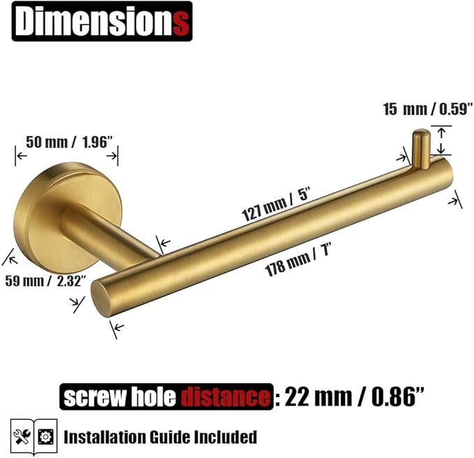 JQK Gold Toilet Paper Holder, 5 Inch Tissue Paper Dispenser, 304 Stainless Steel Thick 0.8mm Wall Mount, Brushed Brass, TPH100-BG