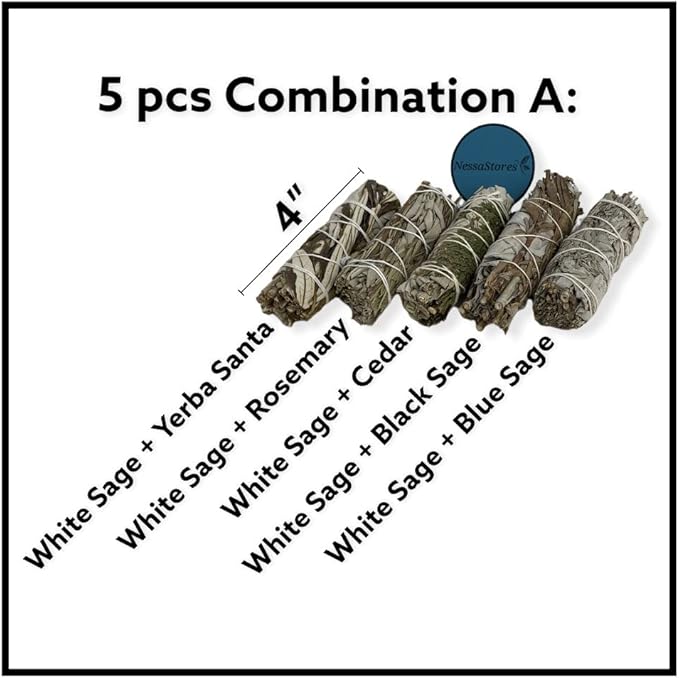 NESSASTORES - White Sage Mixture Smudge Sampler Kit 4" Bundles #JC-230 (4 Kits, 5 pcs Combination A)