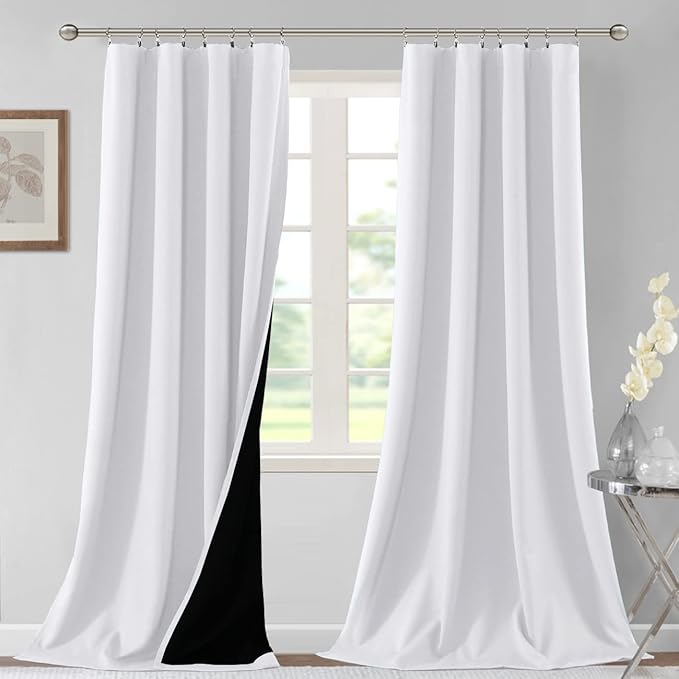 H.VERSAILTEX 100% Blackout Curtains for Bedroom Thermal Insulated Blackout Curtains 108 Inches Long Rod Pocket/Clip Rings Curtains for Living Room with Black Liner 2 Panels, Pure White