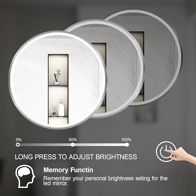 36" Round LED Bathroom Mirror, Dimmable Anti-Fog Vanity Mirror with Touch Control, 6000K Natural Light, Silver Metal Frame, Wall Mounted for Makeup Shaving (IP54, 90+ CRI)
