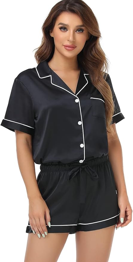 Women's Satin Pajama Set 2-Piece Sleepwear Loungewear Button Down Short Sleeve Silky PJ Set