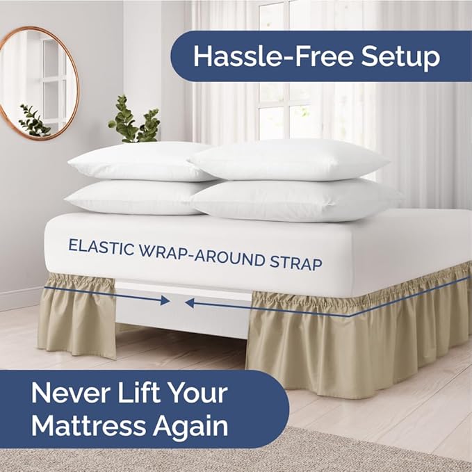 Wrap Around Dust Ruffle Bed Skirt - Beige - for Queen Size Beds with 15 Inch Drop - Easy Fit Elastic Strap - Adjustable Pleated Bedskirt w/Brushed Fabric - Wrinkle Free - for Women, Men, Kids & Teens