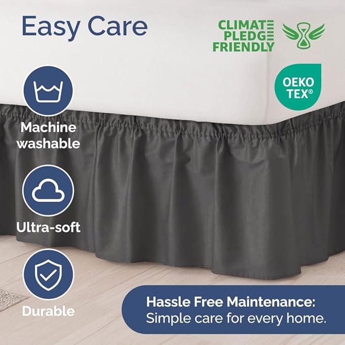 Wrap Around Dust Ruffle Bed Skirt - Charcoal - for Queen Size Beds w/ 12 Inch Drop - Easy Fit Elastic Strap - Adjustable Pleated Bedskirt w/Brushed Fabric - Wrinkle Free - Women, Men, Kids & Teens