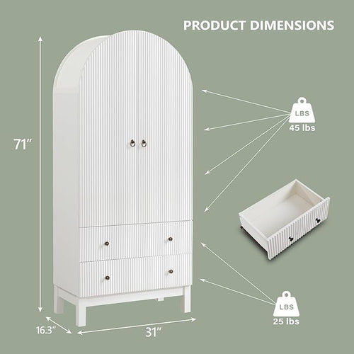 71" Tall Arched Bathroom Storage Cabinet, Modern Fluted Cabinet Storage with 4 Shlves and 2 Drawers, Floor Cabinet for Bathroom, Living Room, Kitchen, White