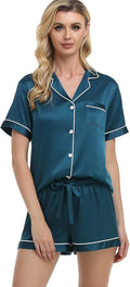 Women's Satin Pajama Set 2-Piece Sleepwear Loungewear Button Down Short Sleeve Silky PJ Set