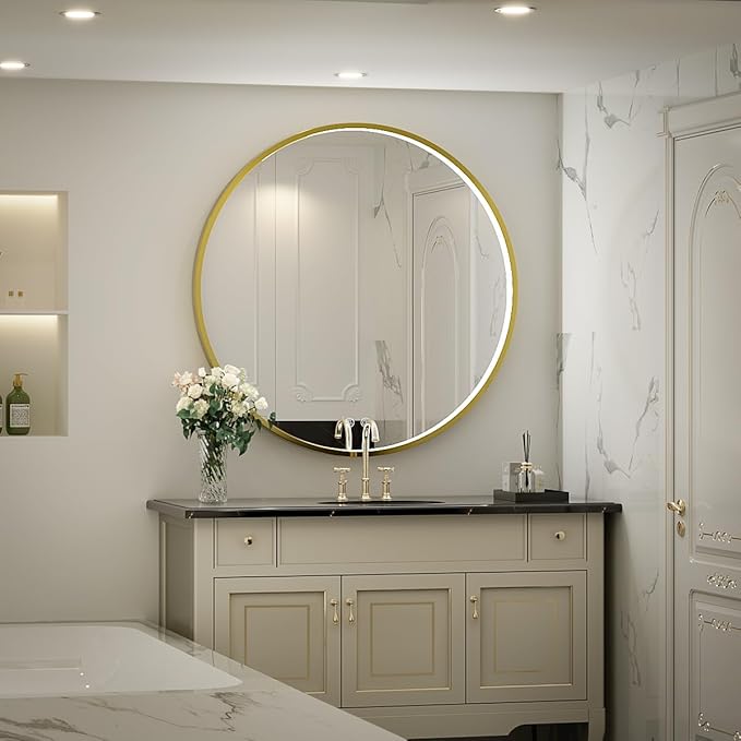 40" Round LED Bathroom Mirror, Dimmable Anti-Fog Vanity Mirror with Touch Control, 6000K Natural Light, Gold Metal Frame, Wall Mounted for Makeup Shaving (IP54, 90+ CRI)