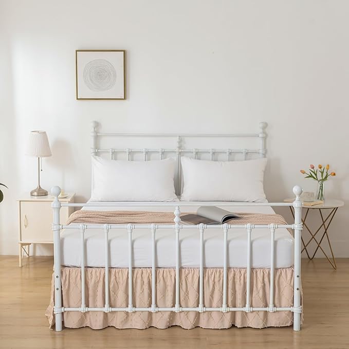 Bed Skirt Queen Size Ruffled Bed Skirt with Split Corners, 16 Inch Drop Dust Ruffle Bed Skirts with Platform, Boho Tufted Shabby Chic Queen Size Bed Skirts, Cream