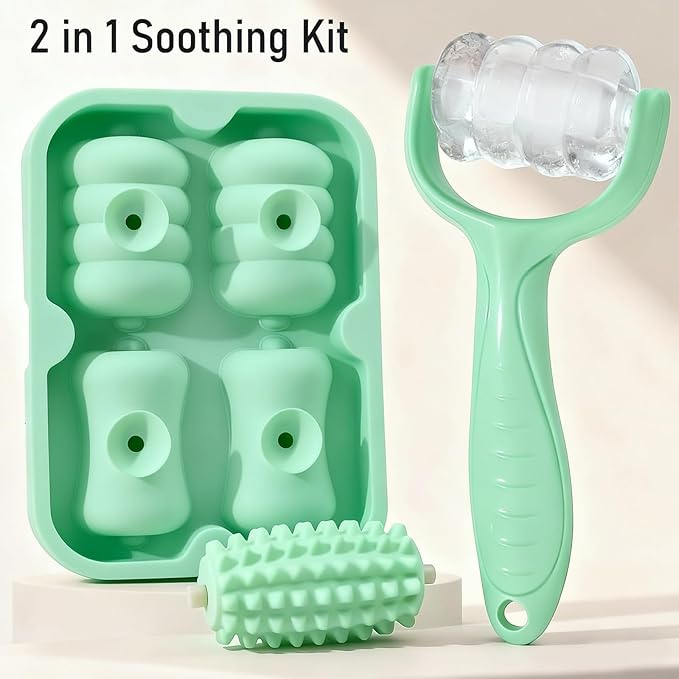 Ice Roller for Face Women Replaceble Rollers + Reusable 2 in 1 Silicone Facial Eyes Ice Cube Mold Set, Body Message Stick Holder for Reduce Puffiness Relief Shrink Pores Anti Wrinkle Skin Care, Green
