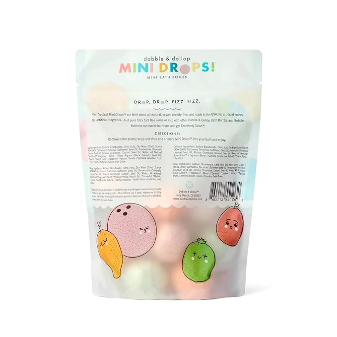 Dabble & Dollop Tropical Mini Bath Bombs & Coconut Shampoo, Body Wash and Bubble Bath for Kids - All Natural Scents, Resealable Pouch, Vegan, Gluten-Free, Cruelty-Free (Pack of 2)