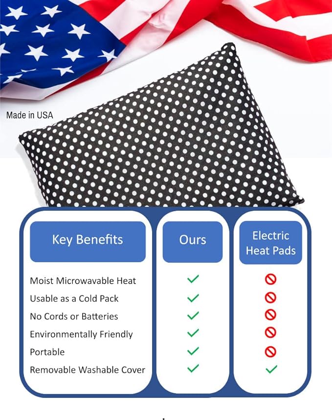 Microwavable Corn Filled Heating Pad and Cold Pack/Washable 100% Cotton Cover (Polka Dot - Black, 7.5in W x 11in L)