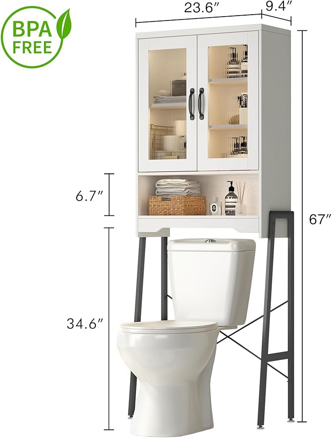 Over The Toilet Storage Cabinet with Tempered Glass Doors & Metal Stand, Over Toilet Organizer with Adjustable Shelf Space Saver Over Toilet , Tall Freestanding Shelf/Rack for Bathroom, Modern, White
