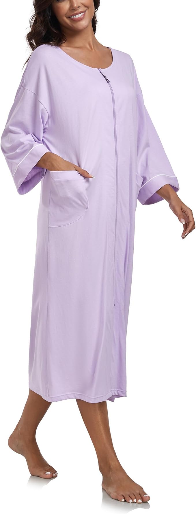 ANLIQI Women's 100% Cotton Robes Long Zipper Front House coats 3/4 Sleeve Bathrobes Lightweight Full Length Robe with Pockets