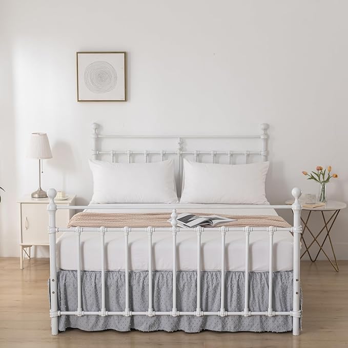 Tufted Dot Bed Skirt Full Size Ruffled Bed Skirt with Split Corners, 14 Inch Drop Dust Ruffle Bed Skirts with Platform, Light Grey