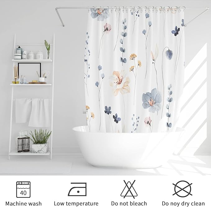 Gibelle Small Stall Shower Curtain 36 x 72, Narrow Half Watercolor Floral Fabric Shower Curtain, Blue Beige Flower Decorative Bathroom Shower Curtain Set with Hooks