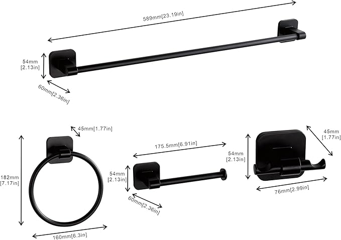 Matte Black Bathroom Accessories Set, 4 Pieces Bathroom Hardware Set, 24 inch Towel Bar, Towel Racks, Robe Towel Hooks, Toilet Paper Holder Wall Mounted Or Self-Adhesive,Stainless Steel and Plastic