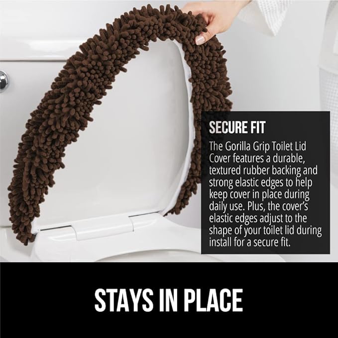 GORILLA GRIP Soft Chenille Bathroom Toilet Lid Cover, Machine Washable Seat Covers, 19.5x18.5, Stays in Place Rubber Backing, Fits Most Round, Elongated and Oblong Lids, Accessories Decor, Brown