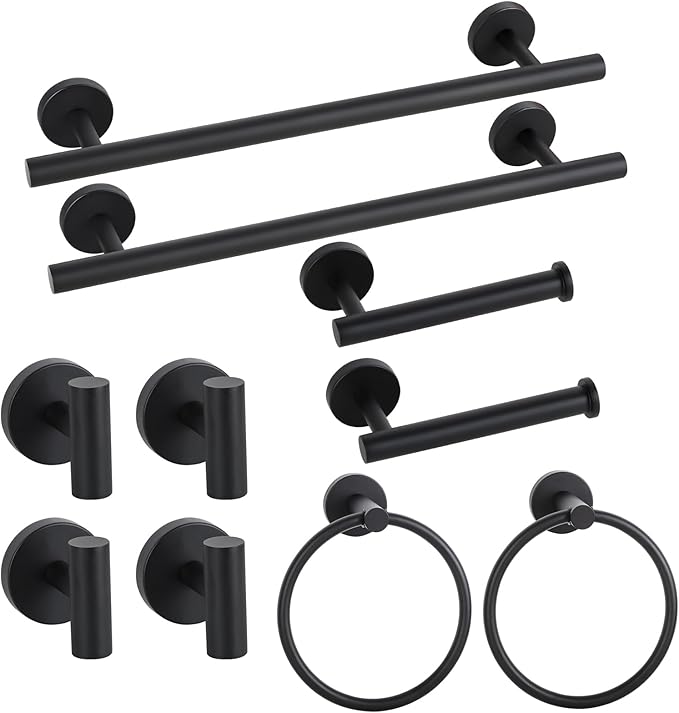 Matte Black Bathroom Hardware Set, Bathroom Towel Holder Bar Set 10 Pieces, SUS304 Stainless Steel Bathroom Towel Rack Set Wall Mounted-16 Inch Towel Bar, Toilet Paper Holder, Towel Hooks, Towel Ring