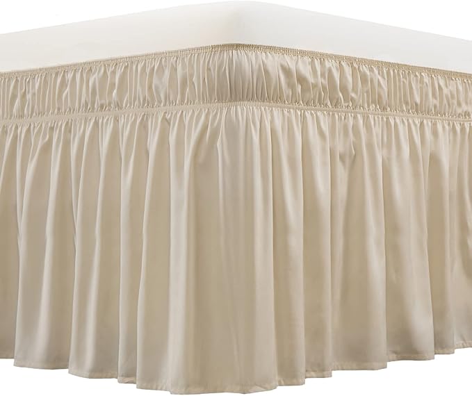 MEILA Wrap Around Bed Skirt Three Fabric Sides Elastic Dust Ruffled 14 Inch Tailored Drop,Easy to Install Fade Resistant-Beige, Queen/King
