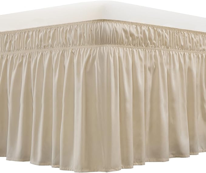 MEILA Wrap Around Bed Skirt Three Fabric Sides Elastic Dust Ruffled 18 Inch Tailored Drop,Easy to Install Fade Resistant-Beige, Twin/Full